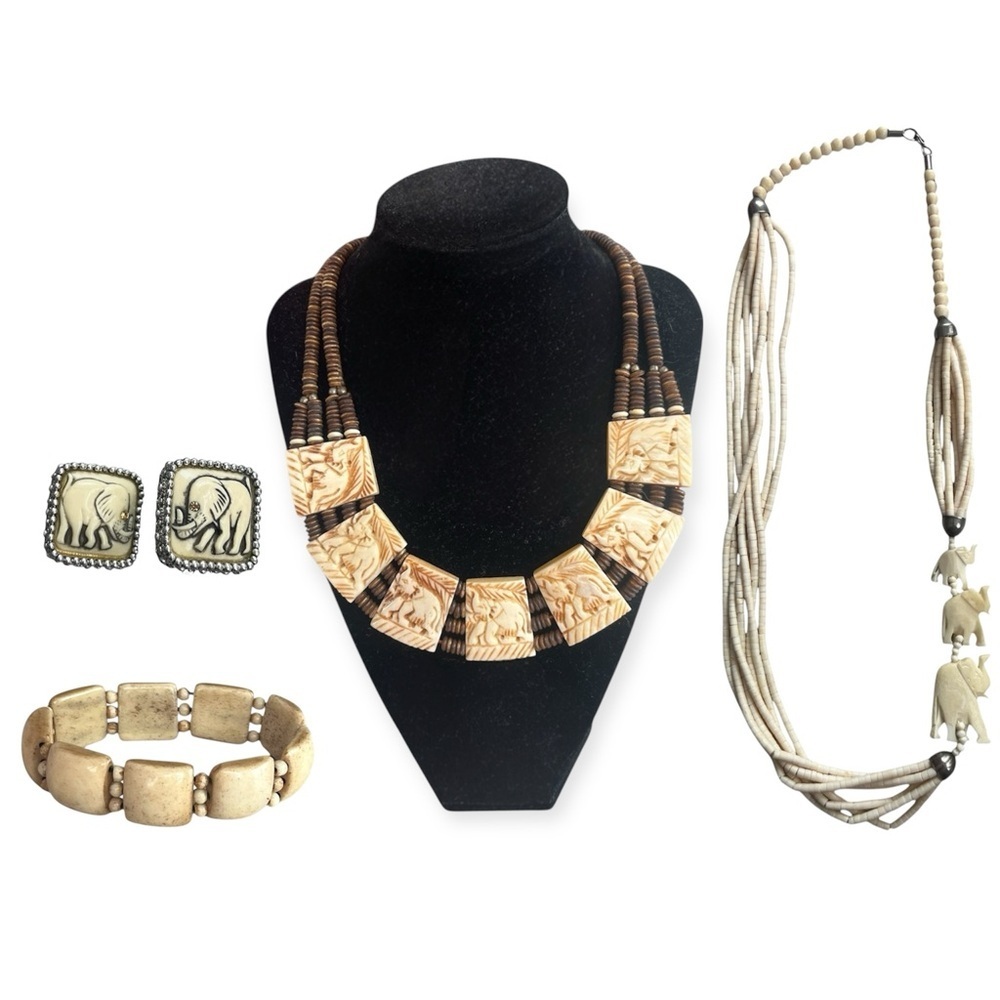 Vintage Tribal Carved Bone Elephant Jewelry Set